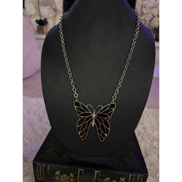 Silver Butterfly Suncatcher Necklace With Red & Green Stained Glass Design On Ch - Picture 3 of 12